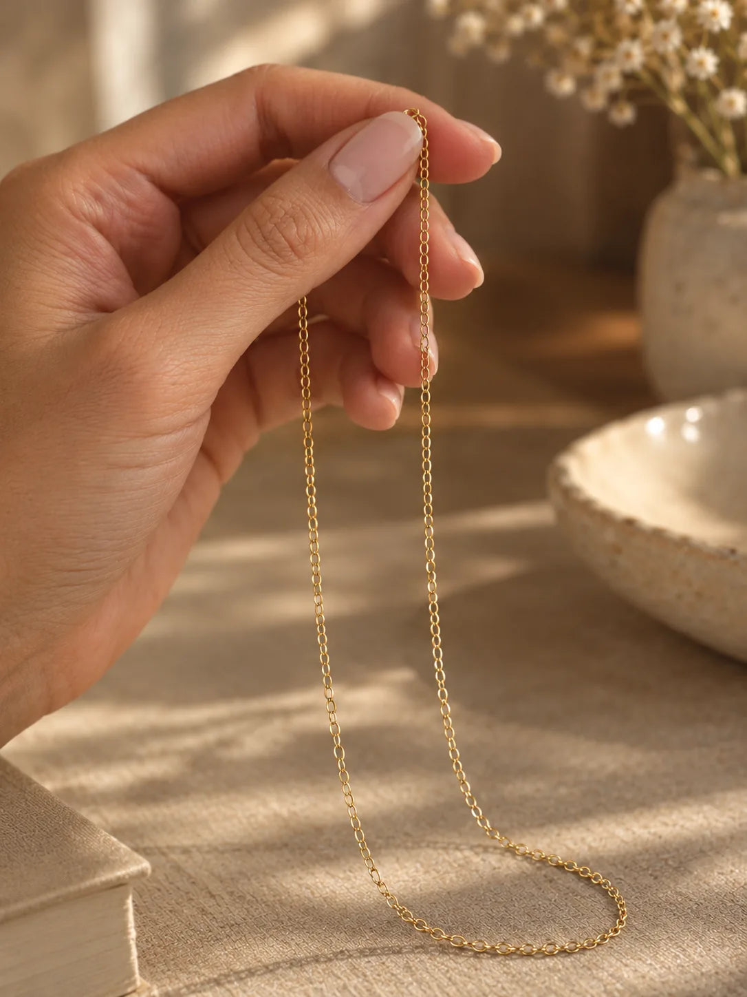 Fine 18K gold chain necklace held in a woman's hand in warm light