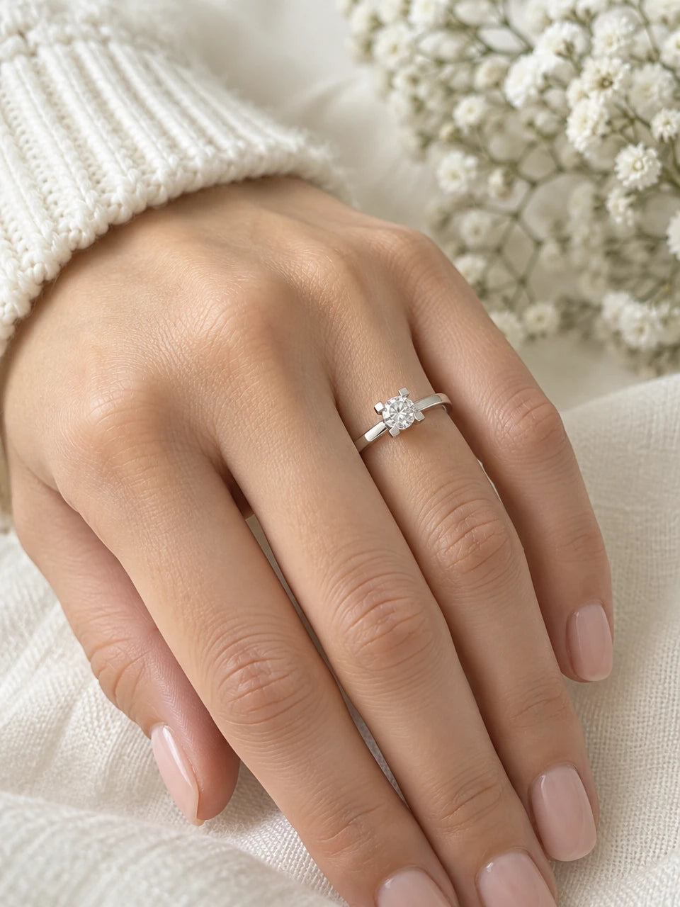White gold solitaire engagement ring worn on a hand