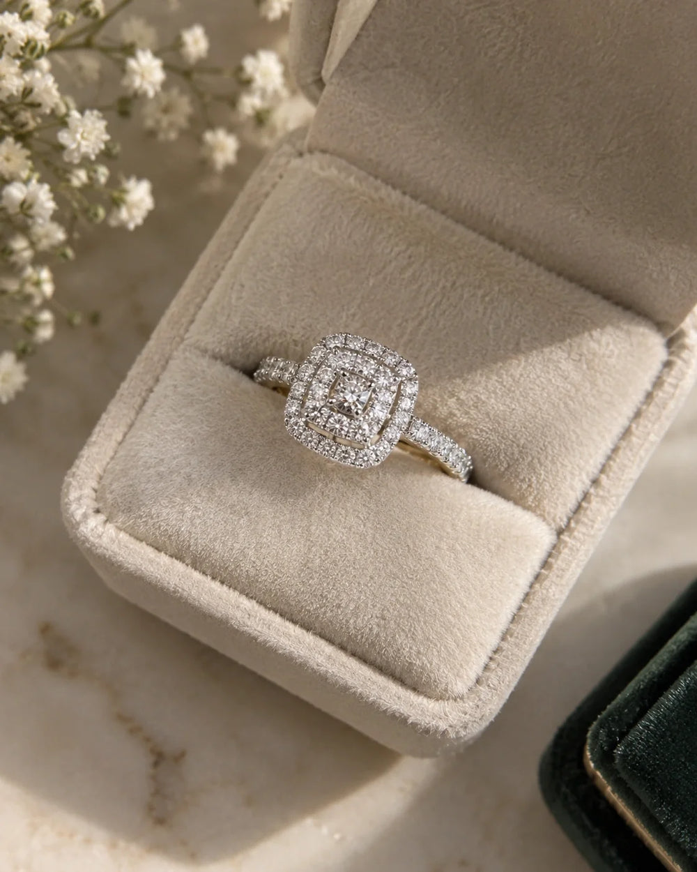 Double halo cushion cut engagement ring in 14K gold with pavé diamonds, in a velvet ring box