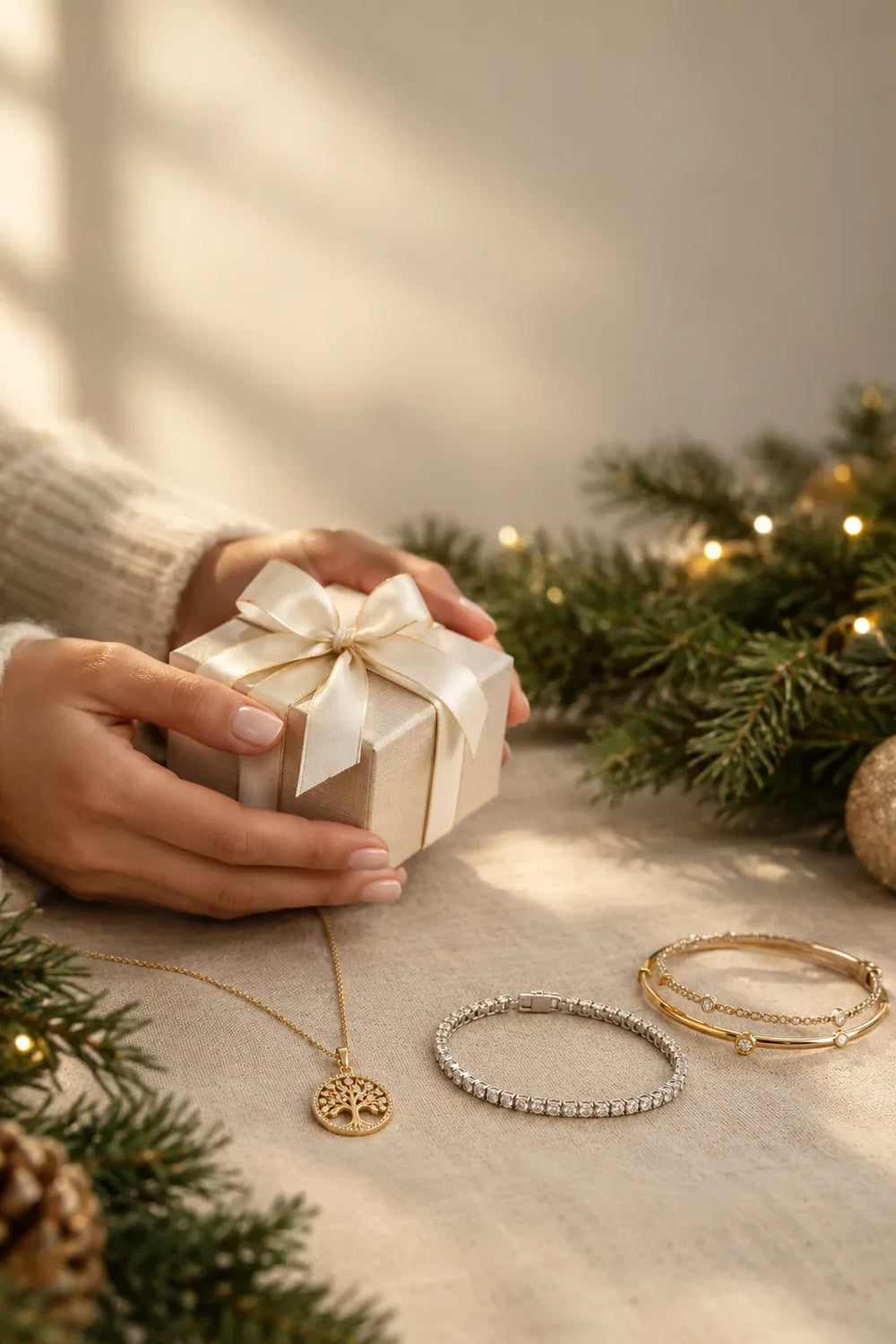 Christmas gifts for women: hands holding a wrapped gift beside a gold Tree of Life pendant, a diamond tennis bracelet and a gold bangle