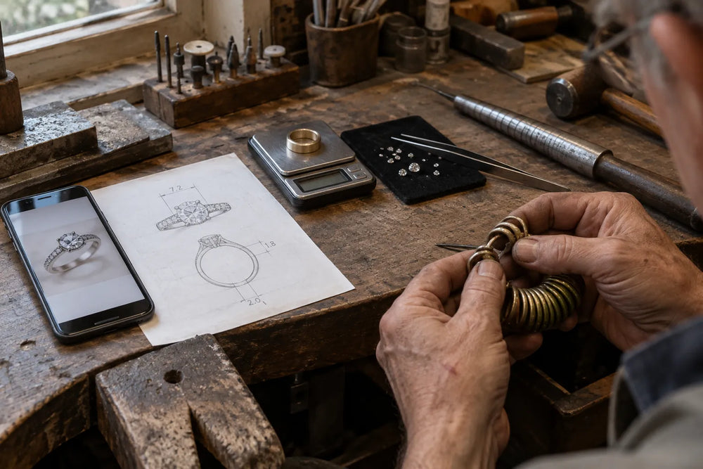 Jeweller turning a customer's photo into a sketch and gold plan for a personalised Valentine's Day gift