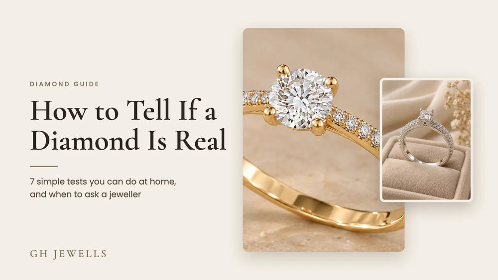 How to tell if a diamond is real: a round solitaire diamond ring in yellow gold and a princess cut ring in white gold