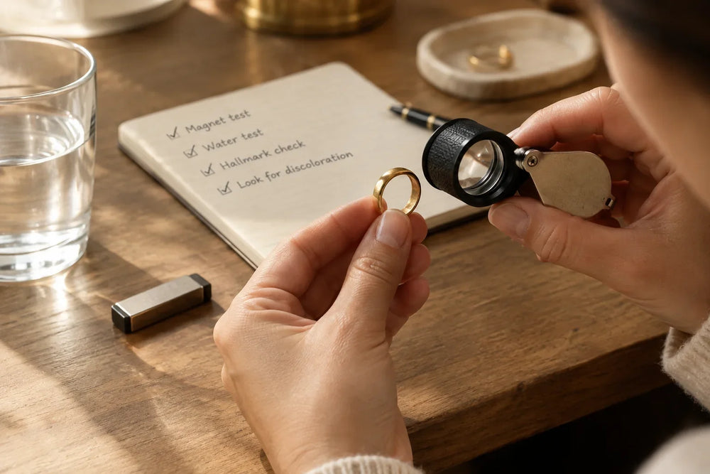 How to tell if gold is real: checking a gold ring for a hallmark with a jeweller's loupe, next to a home test checklist