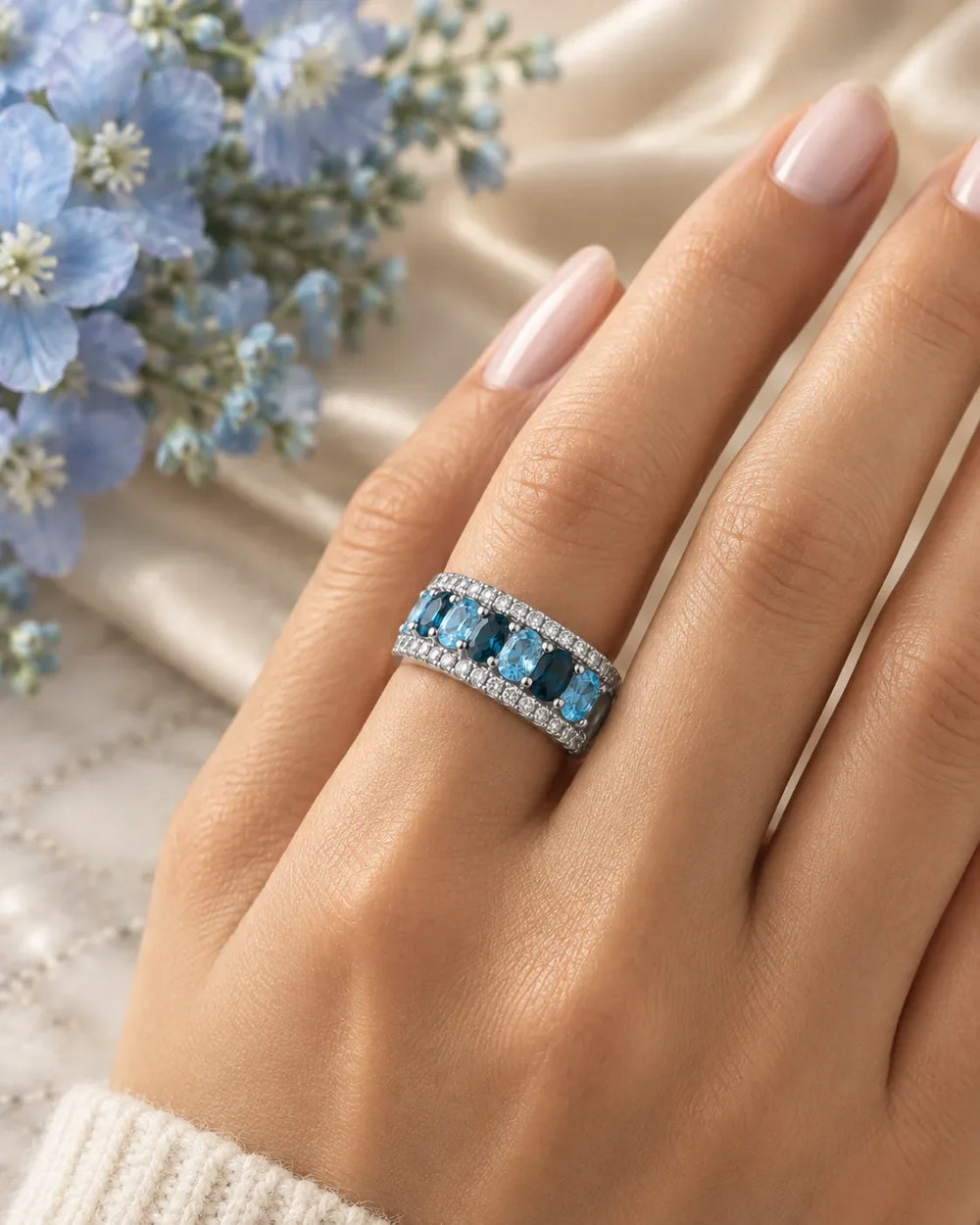 London blue topaz cocktail ring in white gold, two stacked bands of London blue and Swiss blue topaz worn on a woman's hand