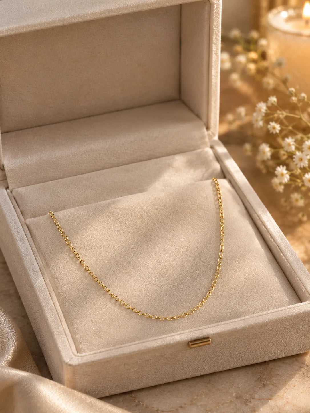 18K yellow gold chain necklace in an ivory velvet gift box