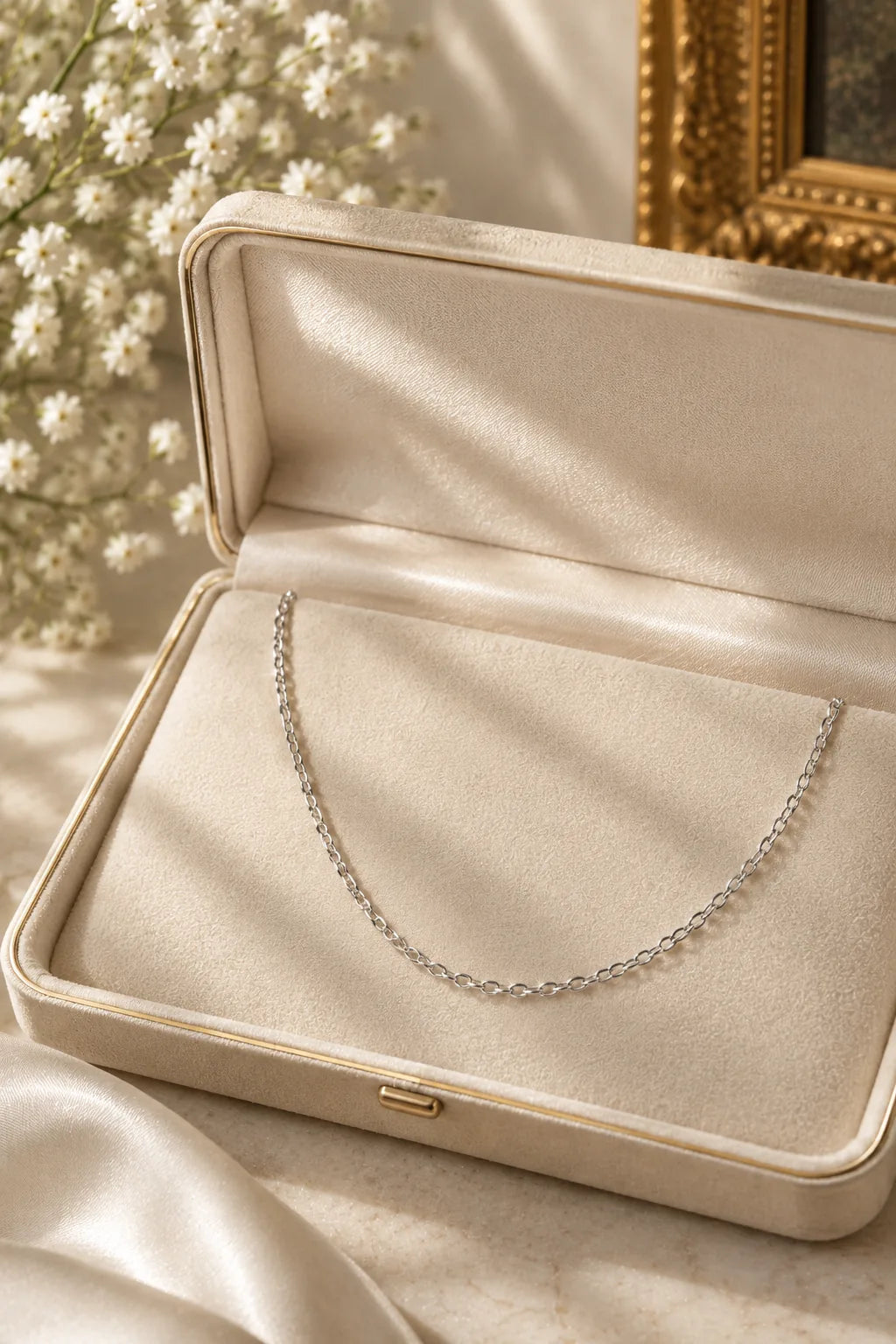 18K white gold chain in an ivory jewellery box