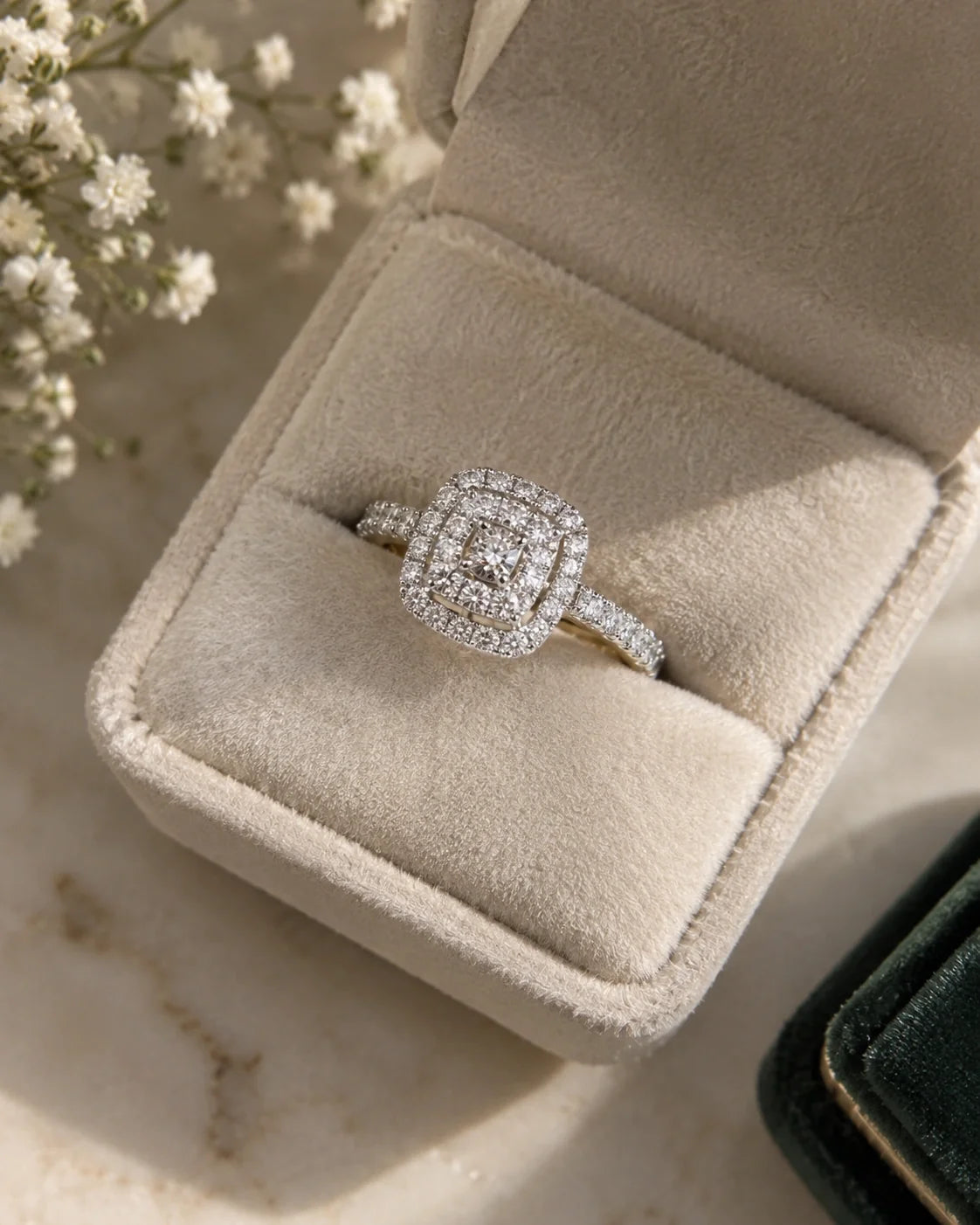 Double halo cushion cut engagement ring in 14K gold with pavé diamonds, in a velvet ring box