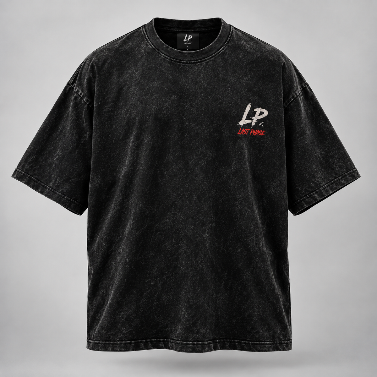 A black acid-wash short-sleeve t-shirt with a small white and red 'LP Los Angeles' graphic on the left chest, displayed on a neutral gray background.