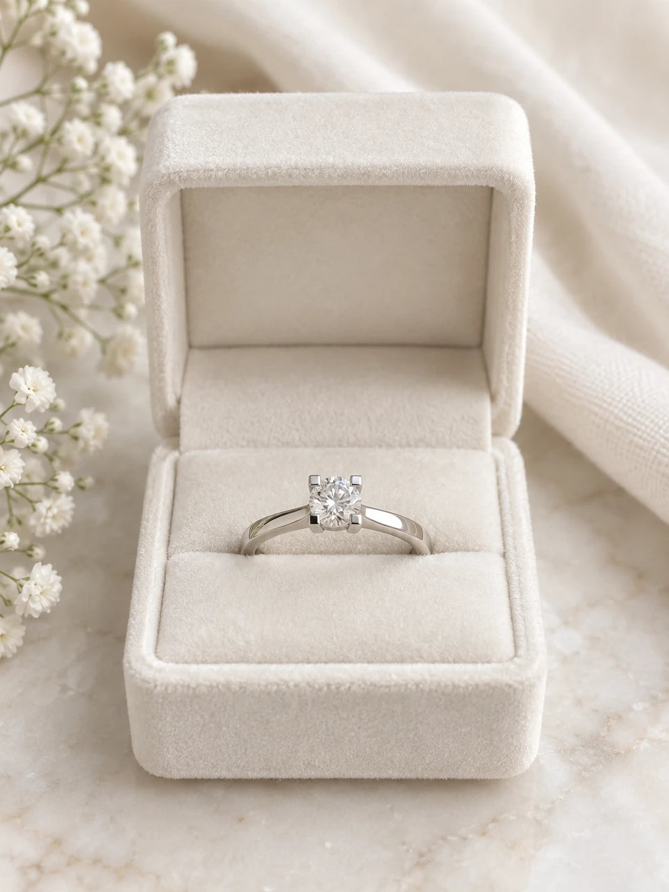 Classic solitaire engagement ring in white gold with a round diamond, in a cream velvet box