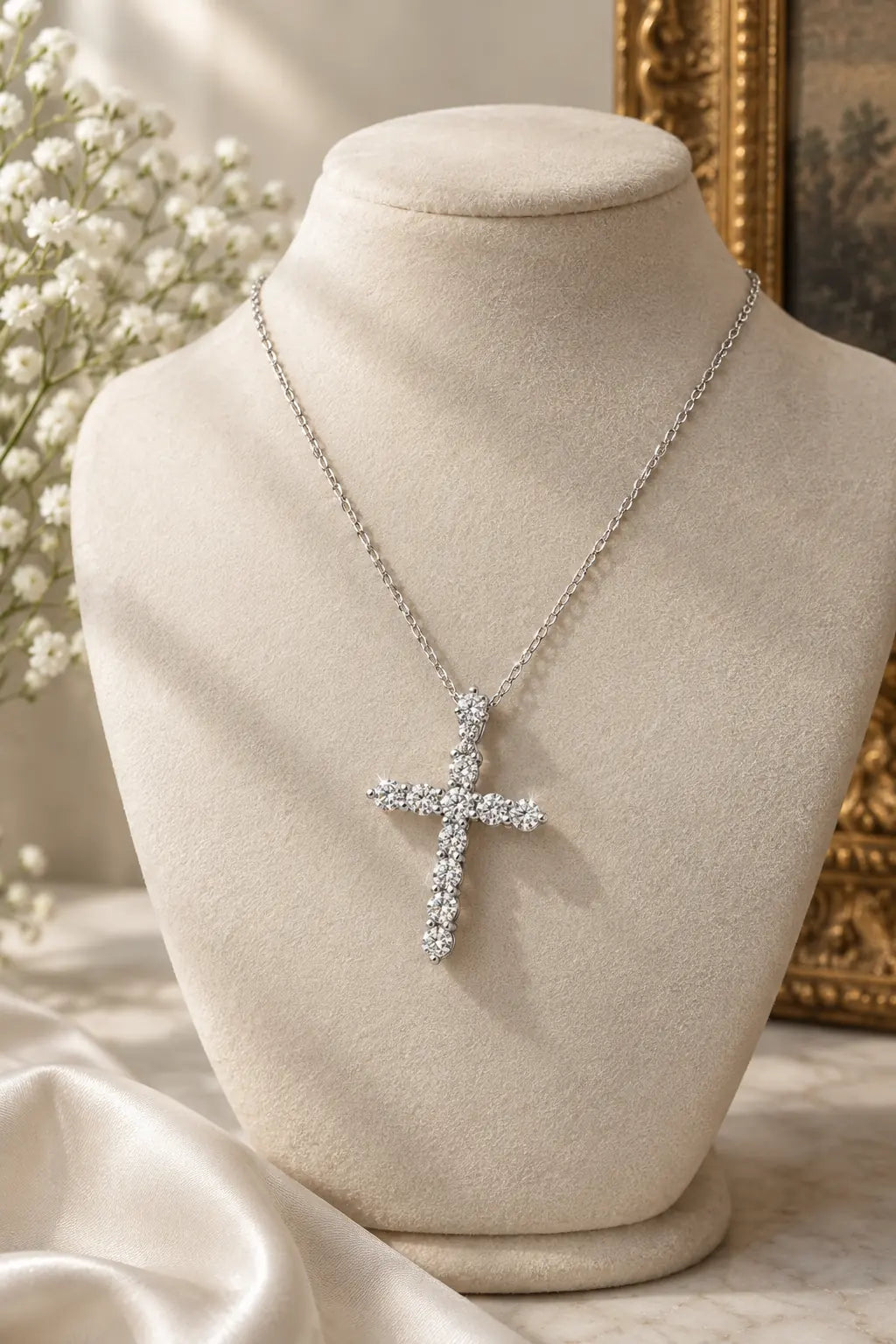 Diamond cross necklace in 18K white gold on an ivory velvet bust