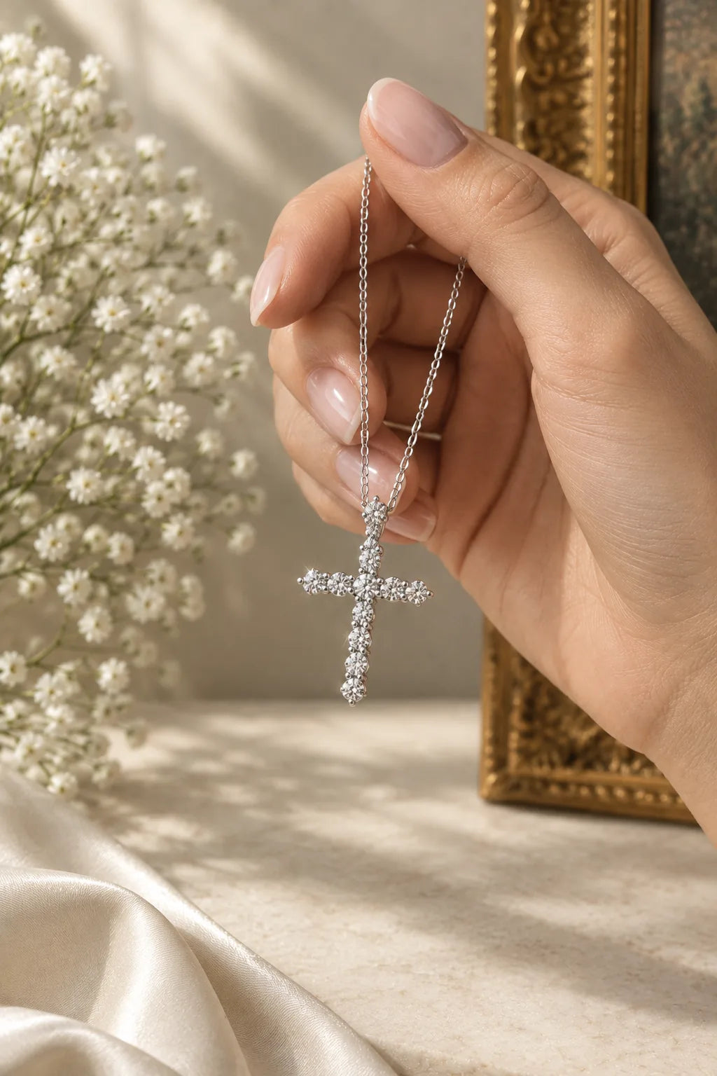 White gold diamond cross necklace held in a woman's hand