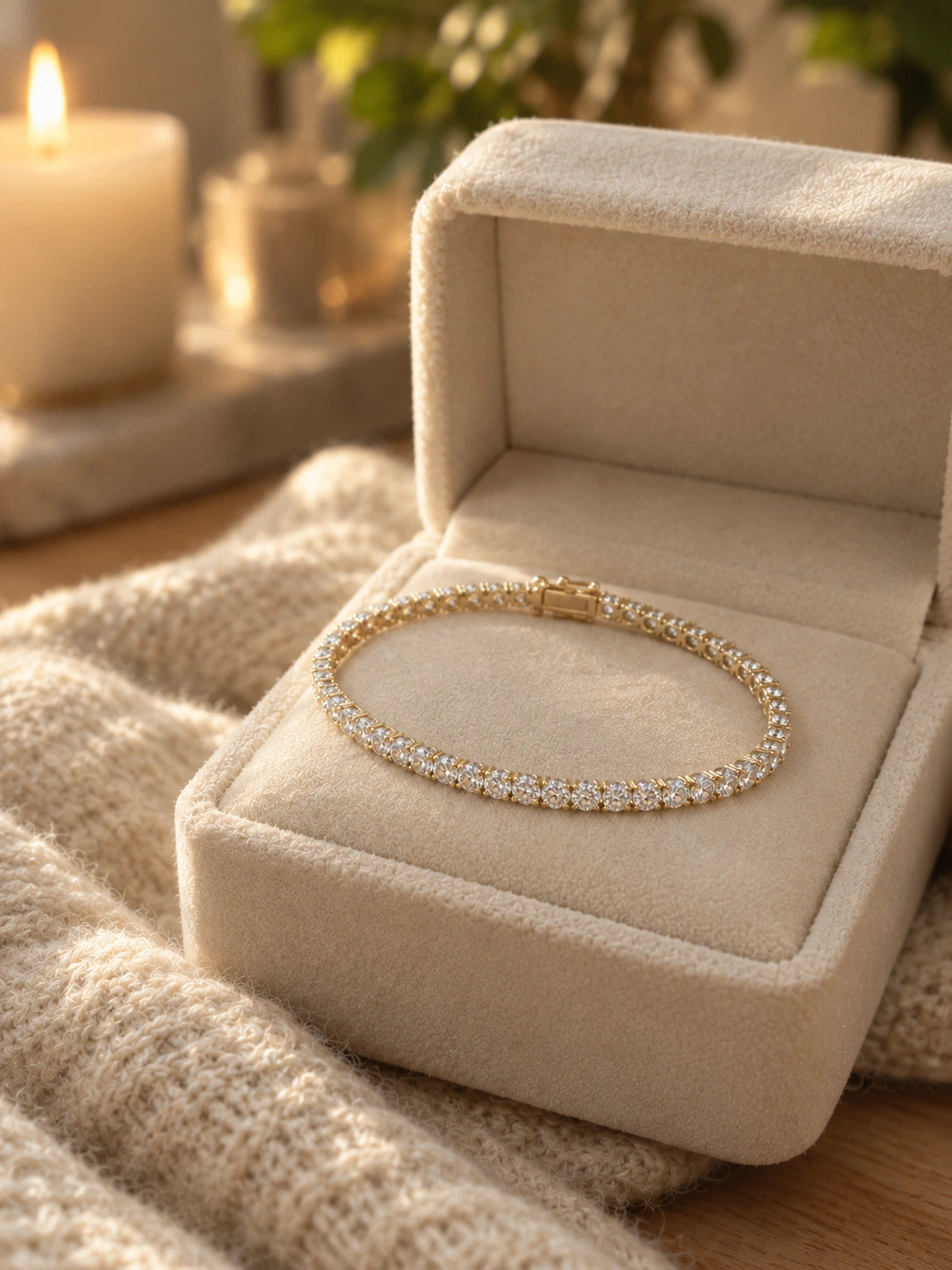 Diamond tennis bracelet in 14K yellow gold in a velvet jewellery box