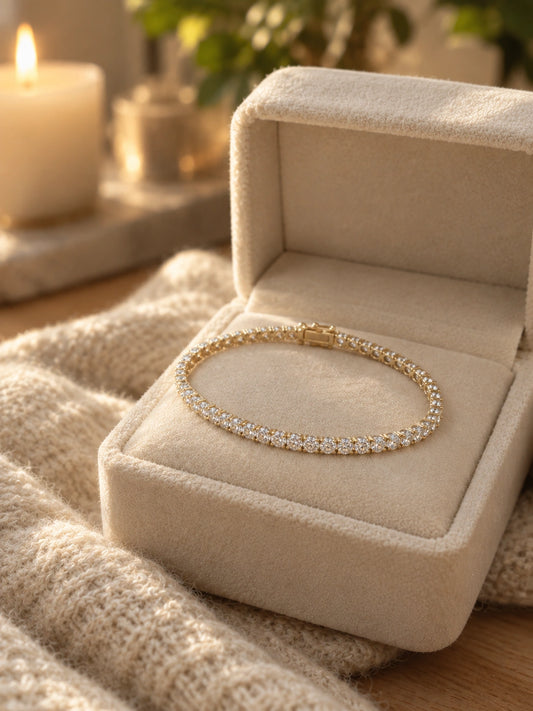 Diamond tennis bracelet in 14K yellow gold in a velvet jewellery box