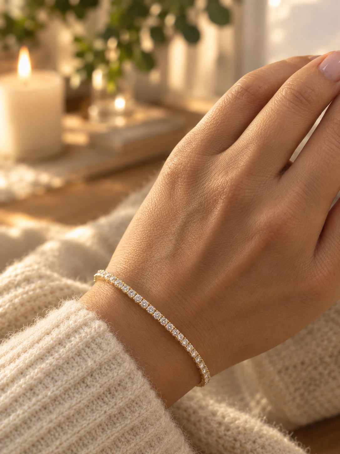 Yellow gold diamond tennis bracelet worn on a wrist