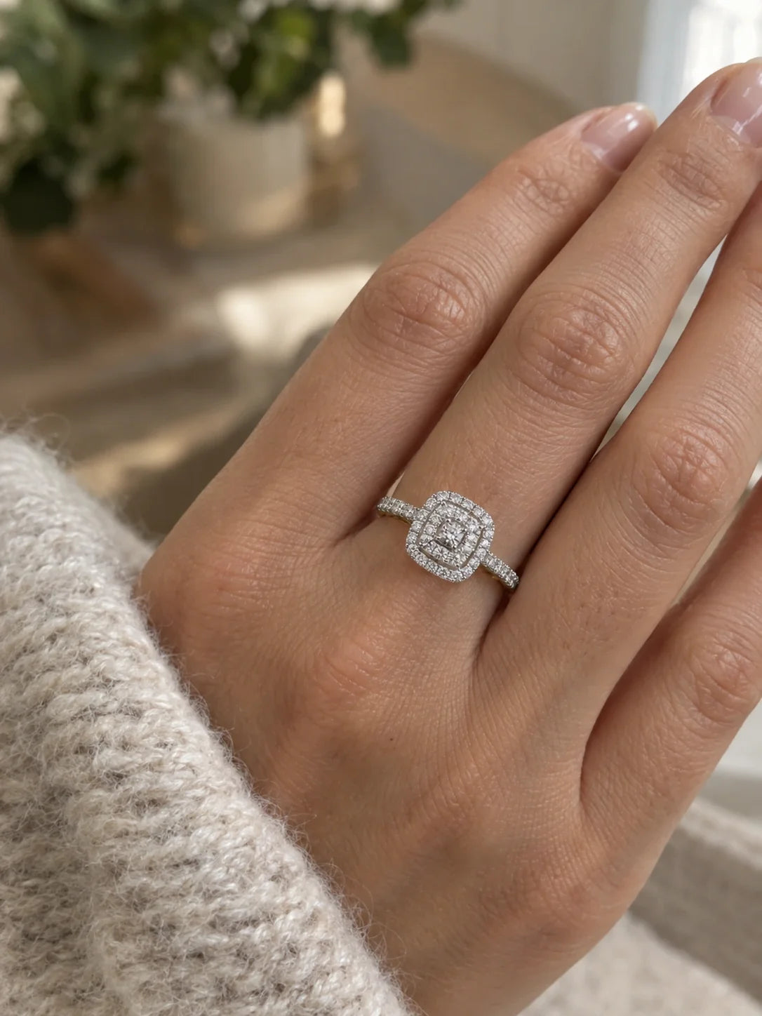 Double halo cushion cut engagement ring in 14K gold worn on a hand to show its size
