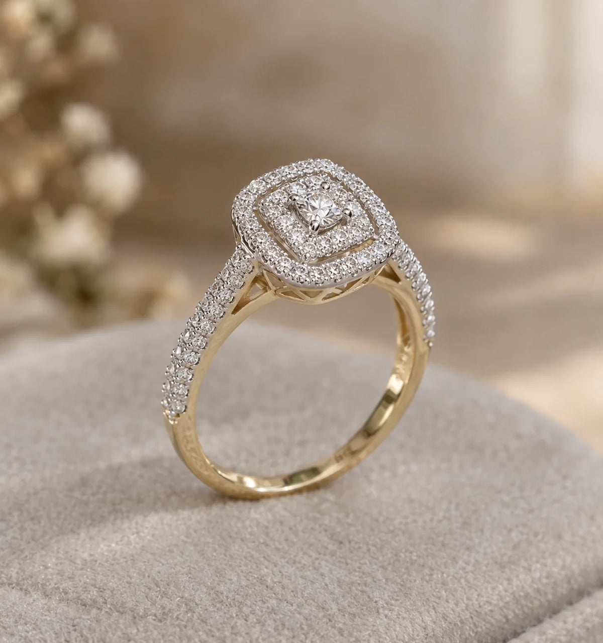 Double halo cushion cut engagement ring in 14K yellow gold with a diamond pavé band, side view
