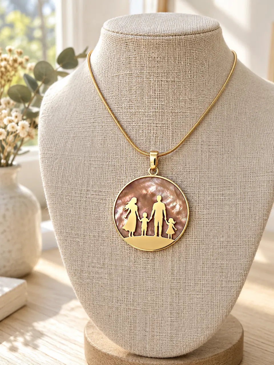 Family circle pendant necklace: gold mother, father and two children on pink-brown mother-of-pearl