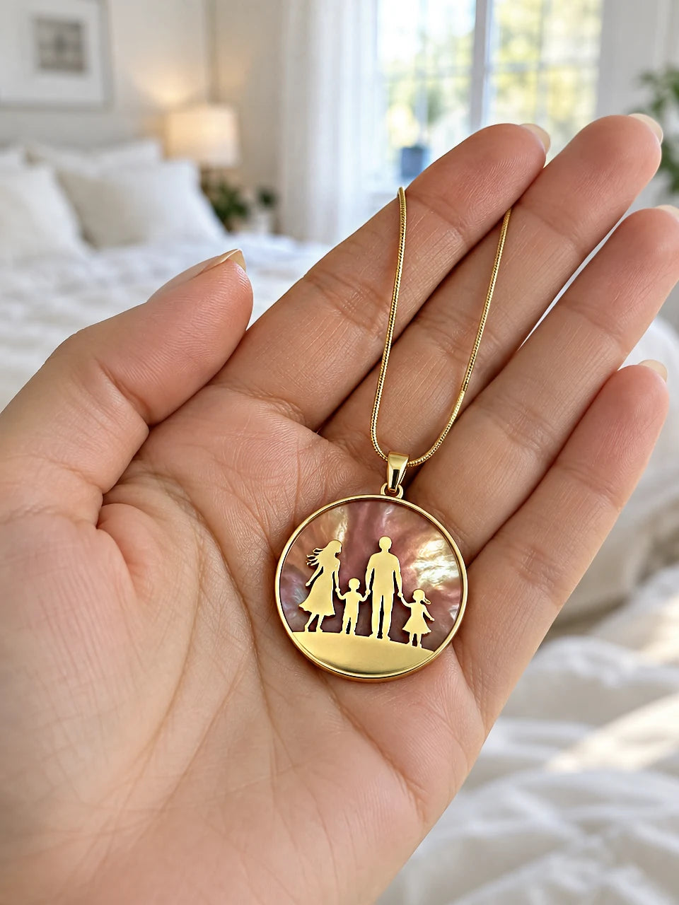 Family circle pendant necklace on a gold snake chain held in an open hand