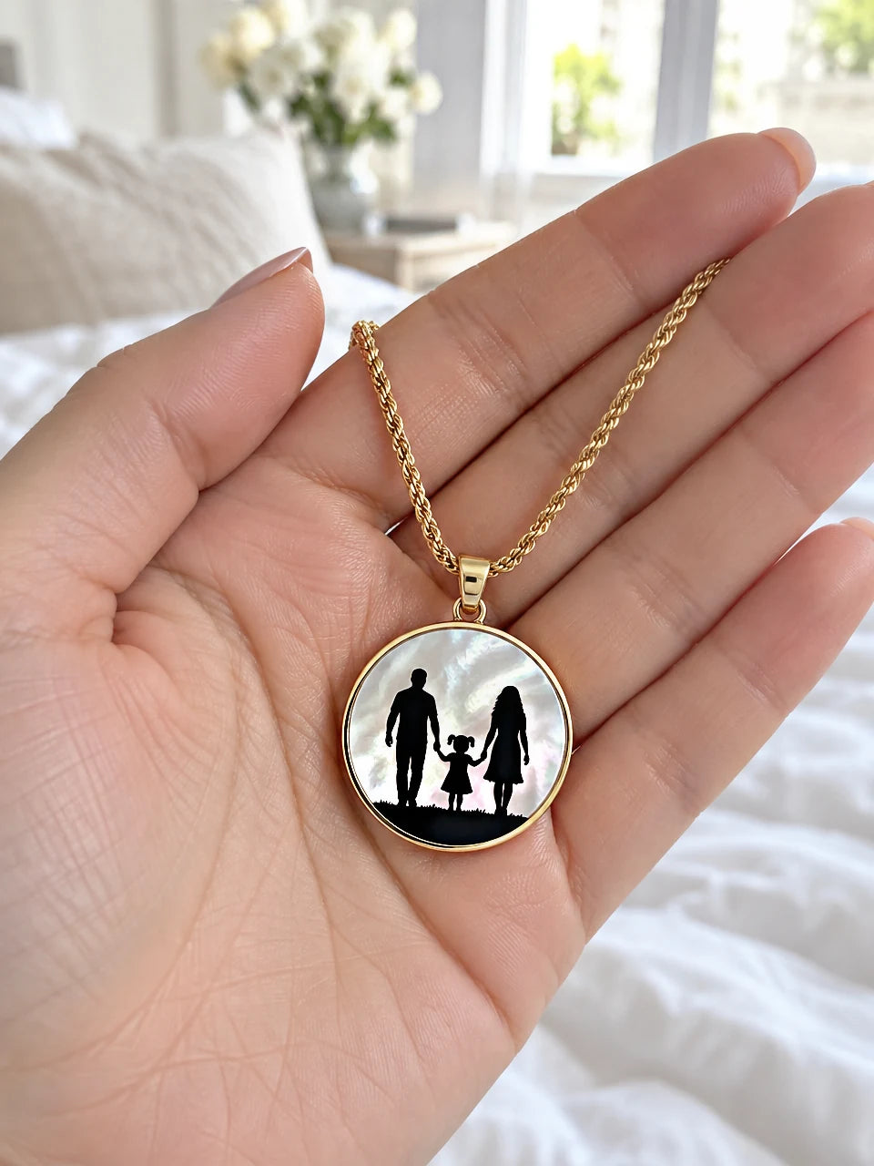 Family silhouette pendant necklace on a gold rope chain held in an open hand
