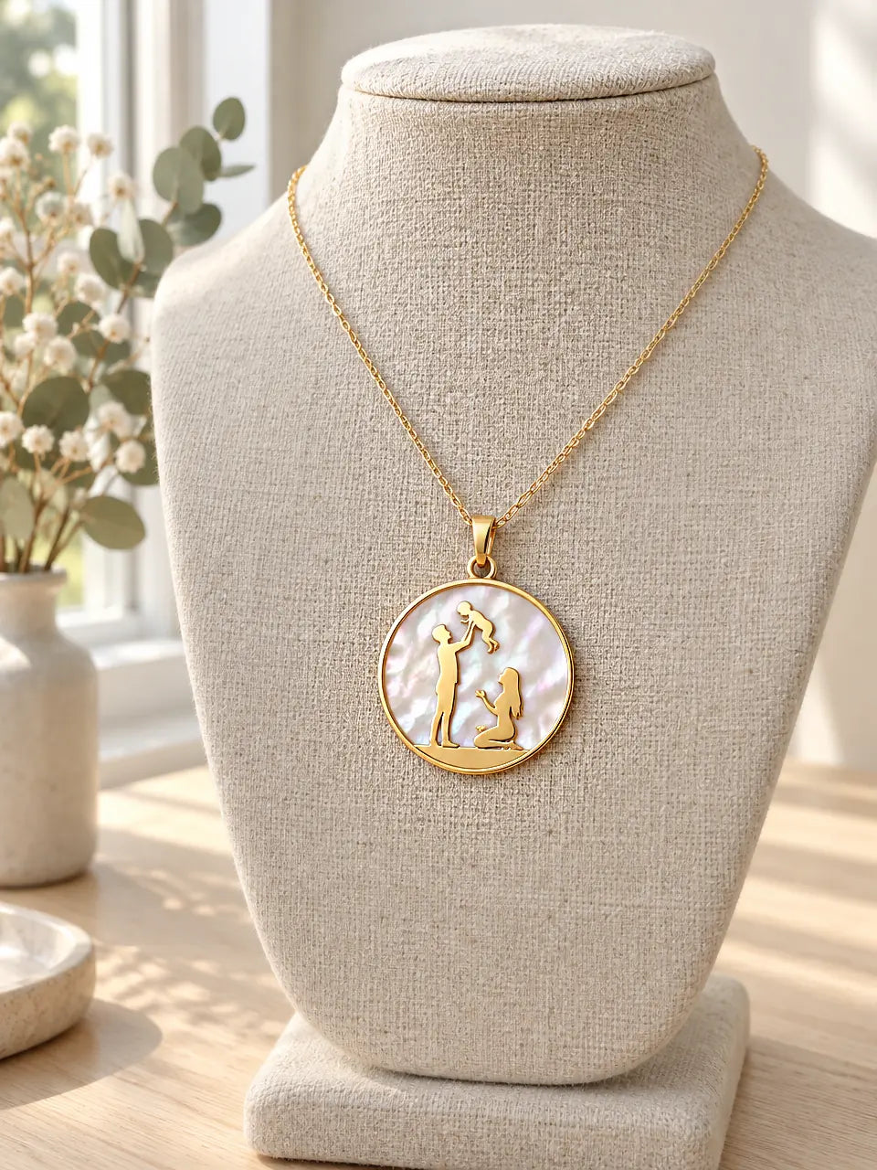 Family pendant necklace in 14K gold: father lifting a child with mother kneeling, on mother-of-pearl, on a linen bust