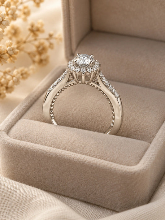 Hidden halo engagement ring in 14K white gold: small round centre diamond, diamond halo on an open crown basket, diamond shoulders and beaded gallery, in a beige velvet ring box