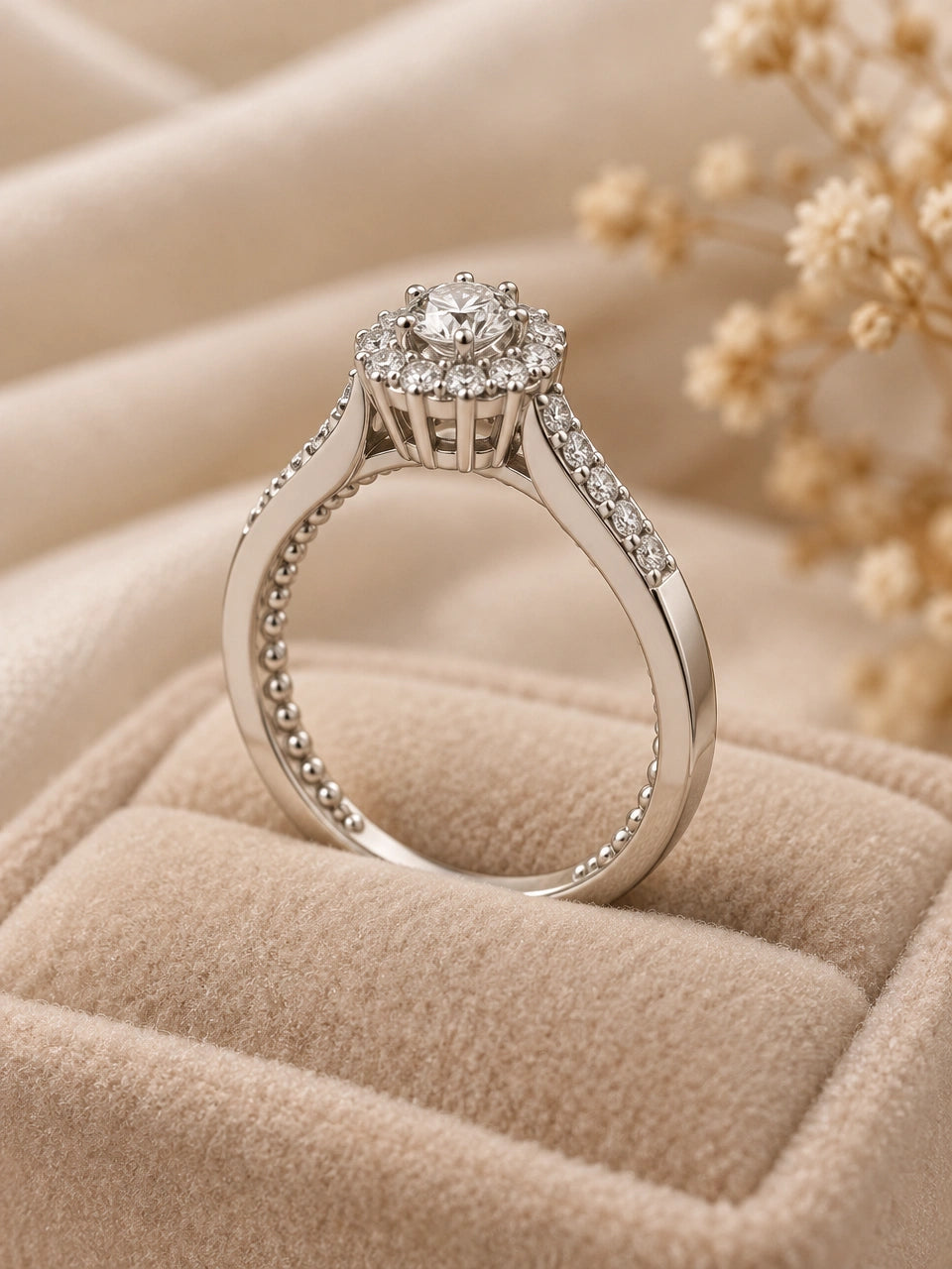 Hidden halo ring on beige velvet: open crown basket under the halo, diamond shoulders and beaded gallery in 14K white gold