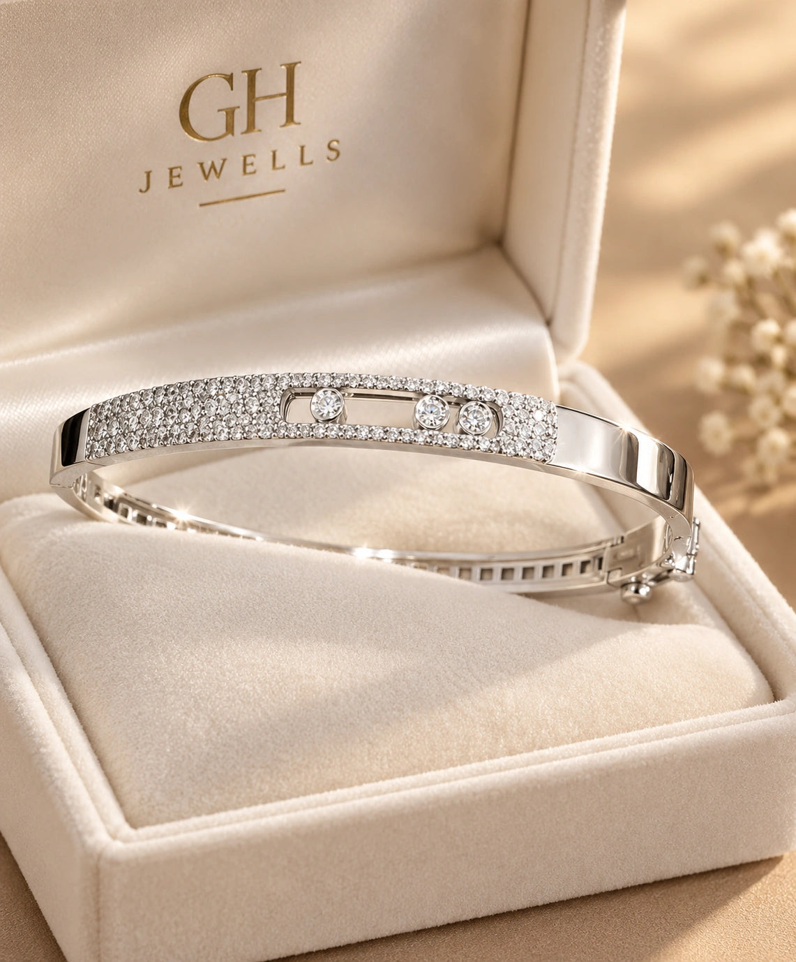 Pavé diamond bangle in 14K white gold in a GH Jewells velvet box