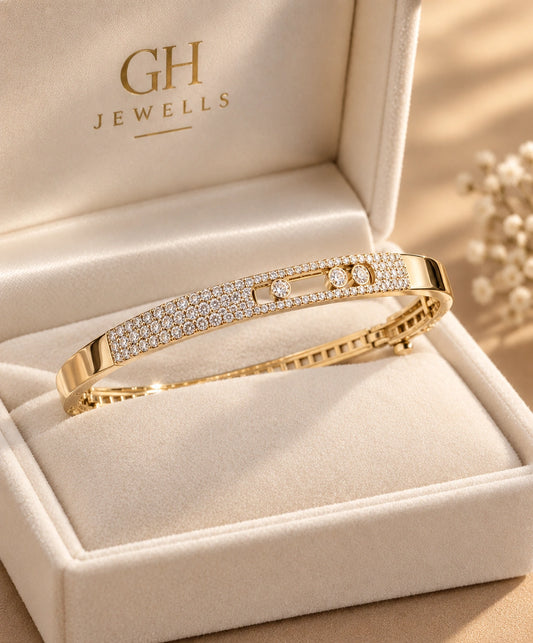 Pavé diamond bangle in 14K yellow gold in a GH Jewells velvet box