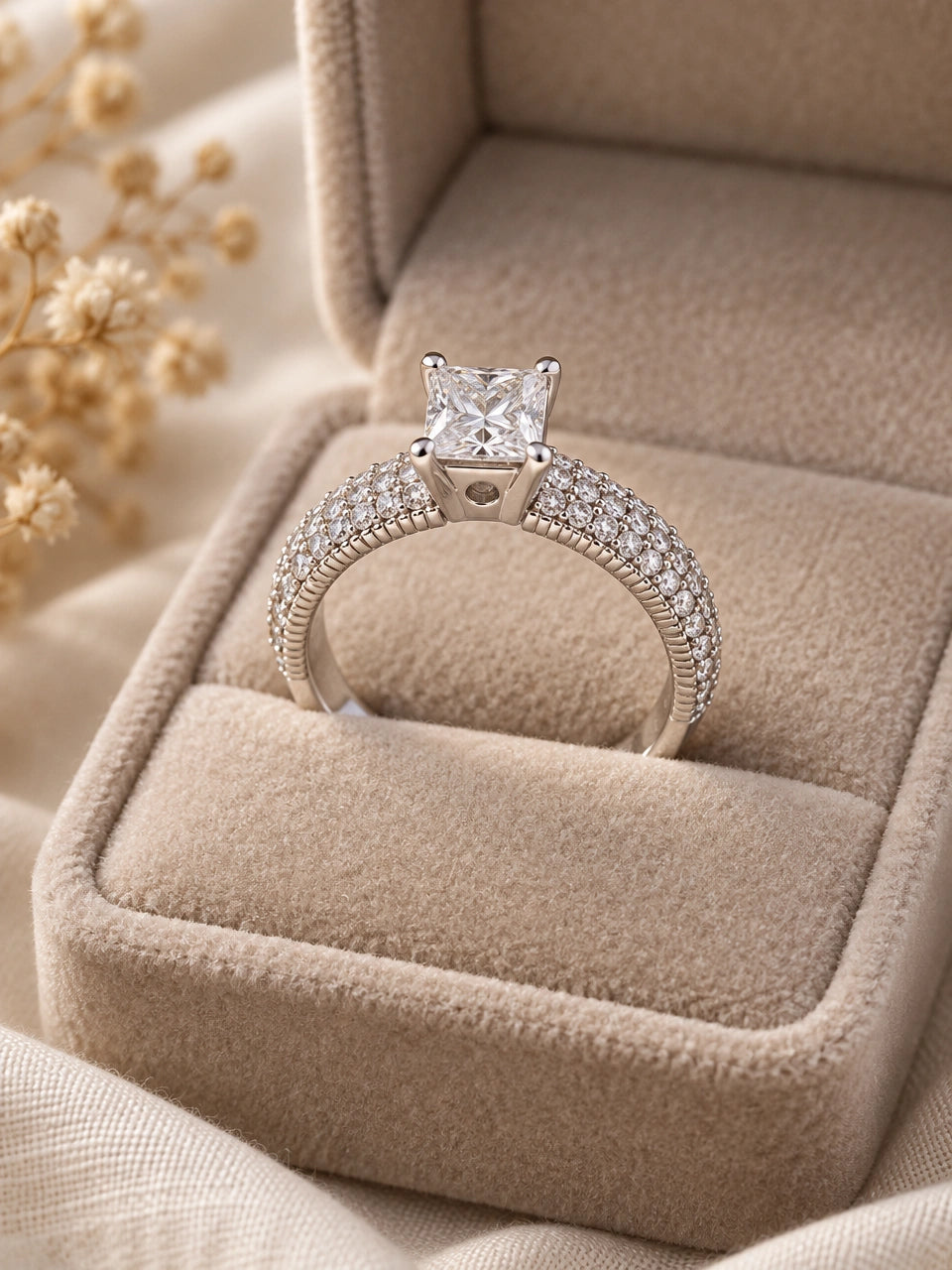 Princess cut engagement ring in 14K white gold with a domed pavé diamond band, in a beige velvet ring box