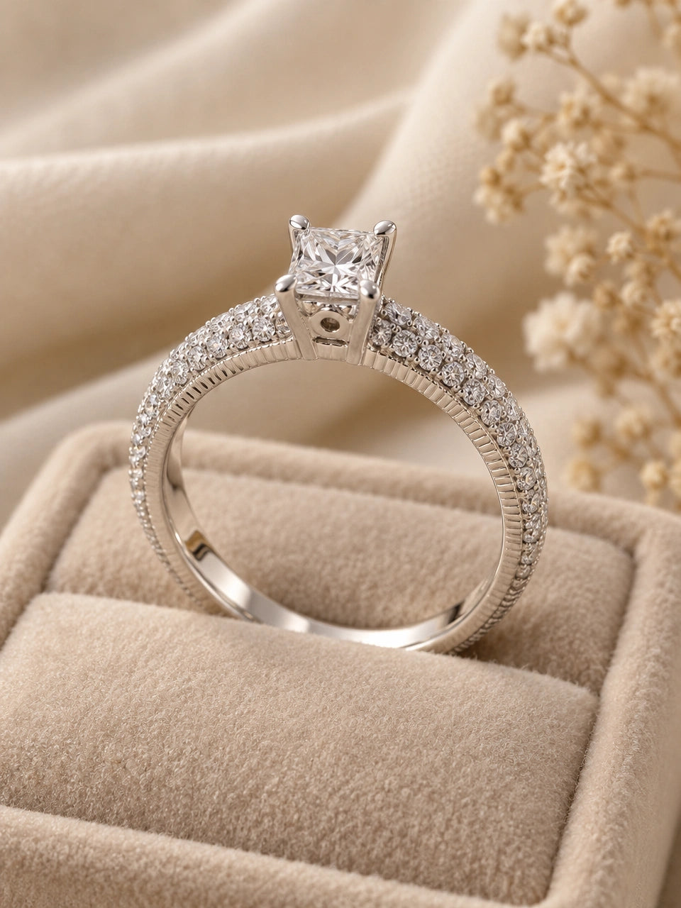 Princess cut diamond in four corner claws on a domed pavé band with grooved edges, 14K white gold