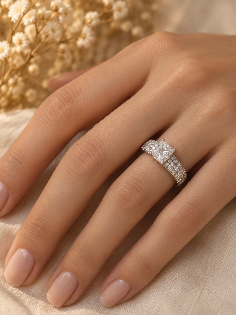 Princess cut diamond engagement ring with pavé band worn on a woman's ring finger