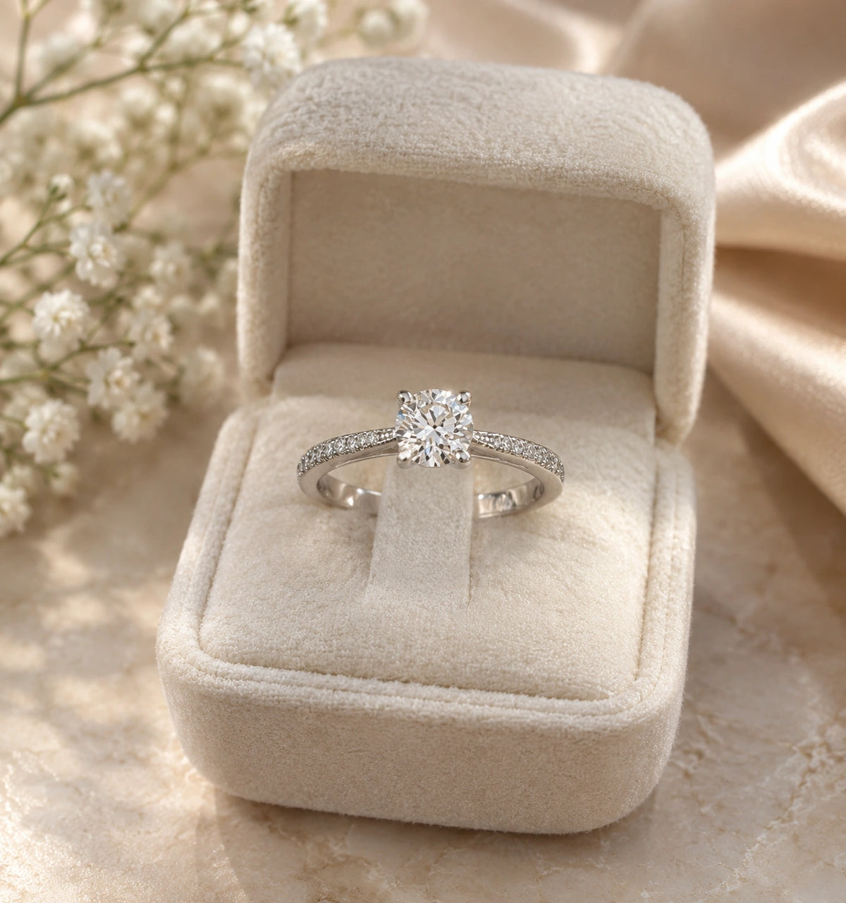 Round solitaire engagement ring in 14K white gold with a pavé diamond band, in a velvet ring box