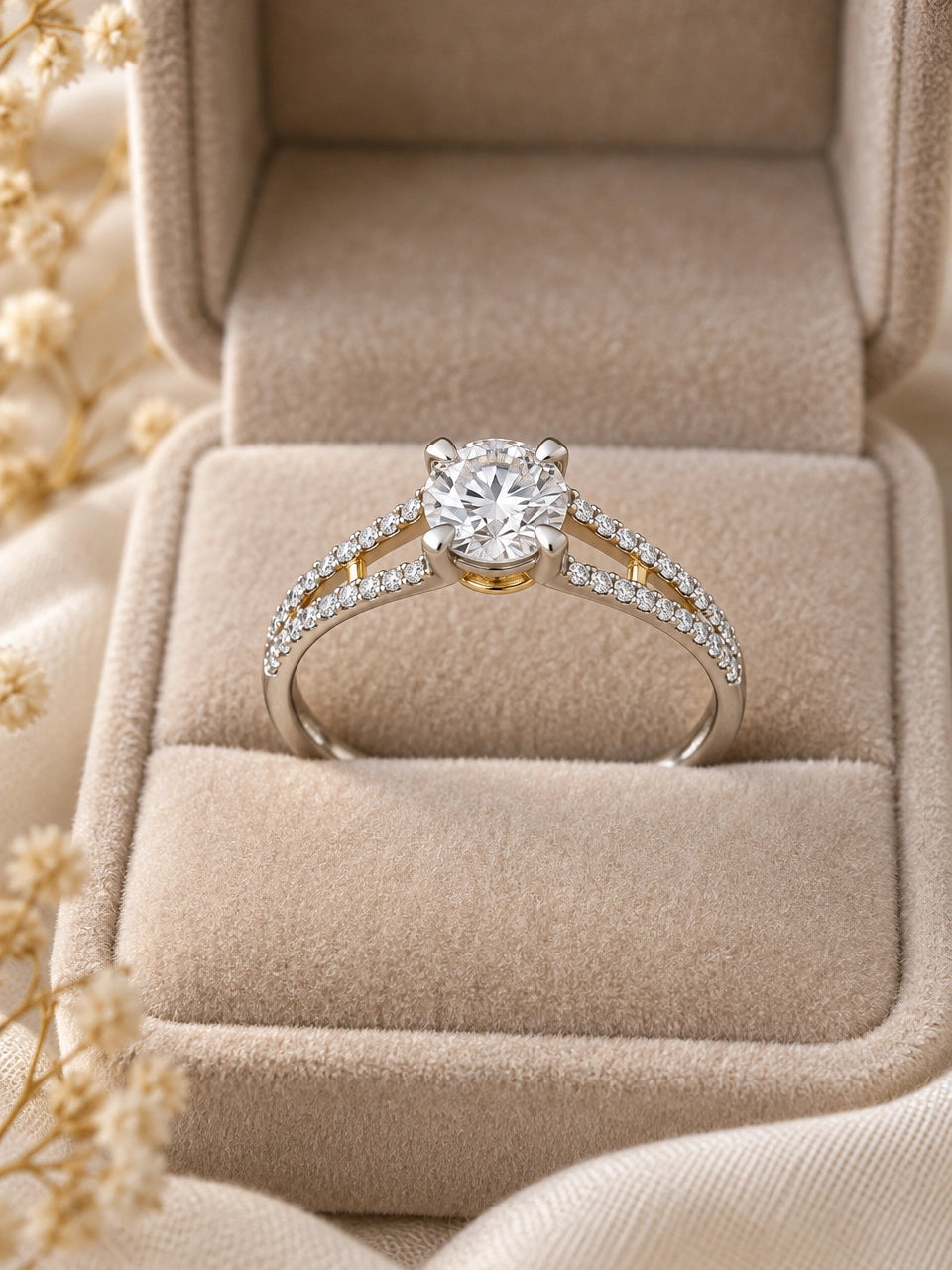 Split shank engagement ring in 14K white gold with two rows of pave diamonds on each shoulder and a yellow gold inner frame, in a beige velvet box