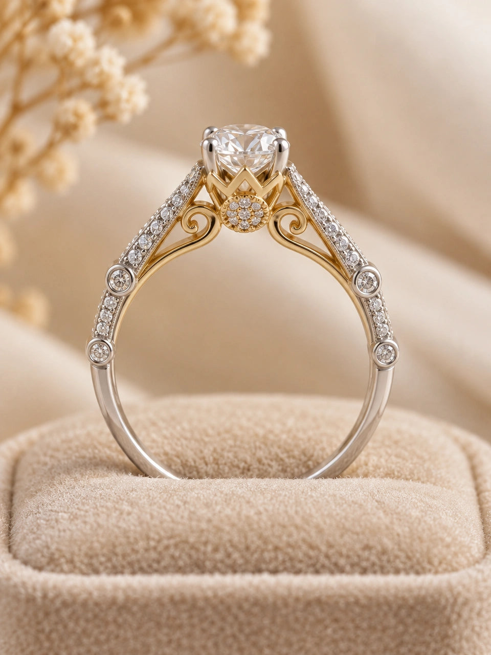 Side profile of the split shank ring: yellow gold crown gallery with a small diamond cluster, scroll arches and bezel-set side diamonds