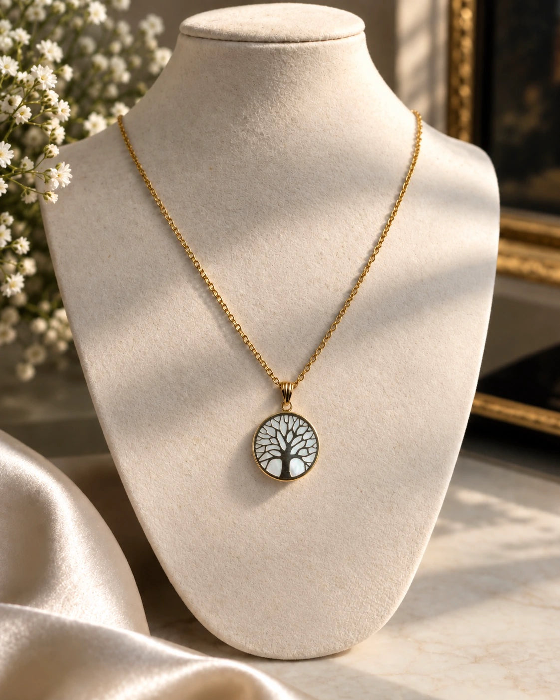 14K yellow gold Tree of Life pendant necklace on a jewelry bust